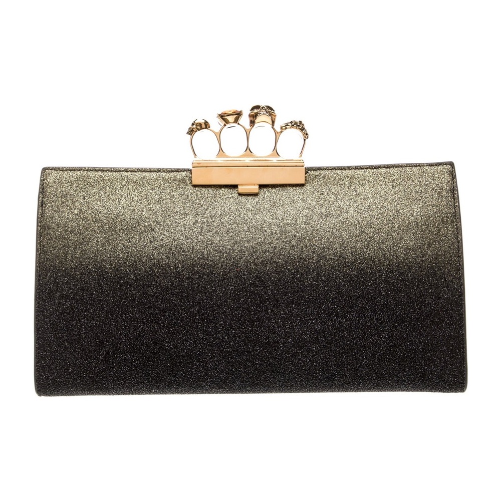 Alexander McQueen Glitter Ombre Black Clutch with Gold Knuckle Ring Handle